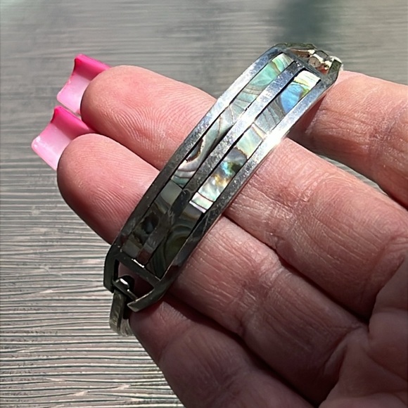 Vintage Alpaca Mexico Abalone Inlay Cuff Bracelet – Hinged Bangle - Picture 3 of 4